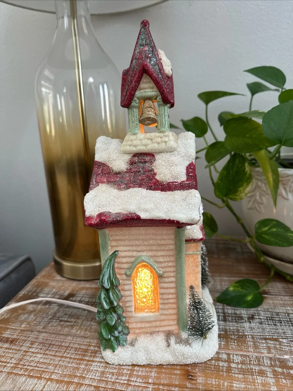 Vintage Ceramic Lighted Christmas Church Building Red Roof with Snow Trees